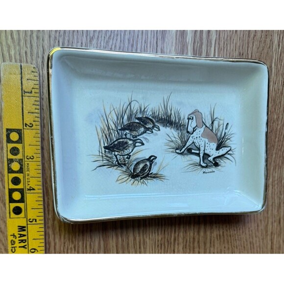 Delano Studio Gold Rimmed Tray Plate Dog Ducks 1962 Hand Colored Mermade VTG 60s - Picture 4 of 5